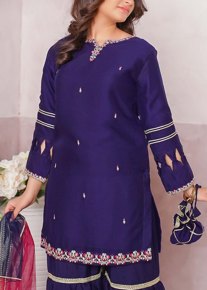 Modest - Chiffon Embroidered Gharara Suit For Girl - Blue - 3 Piece