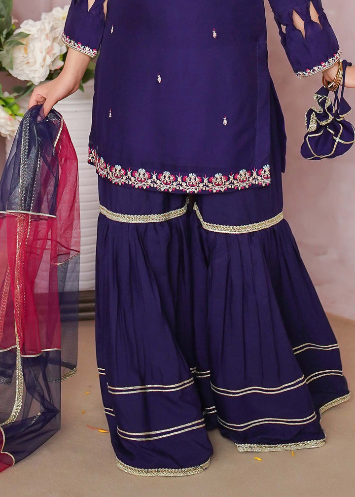 Modest - Chiffon Embroidered Gharara Suit For Girl - Blue - 3 Piece