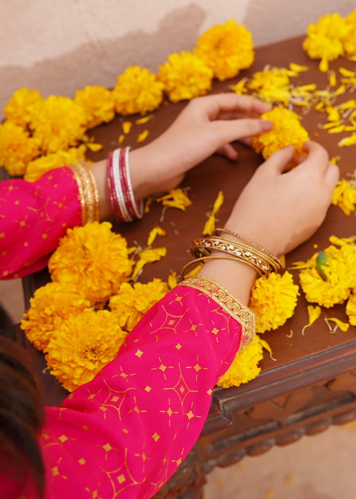 Modest - Pink Rawsilk Printed Frock For Girl - 3 Piece