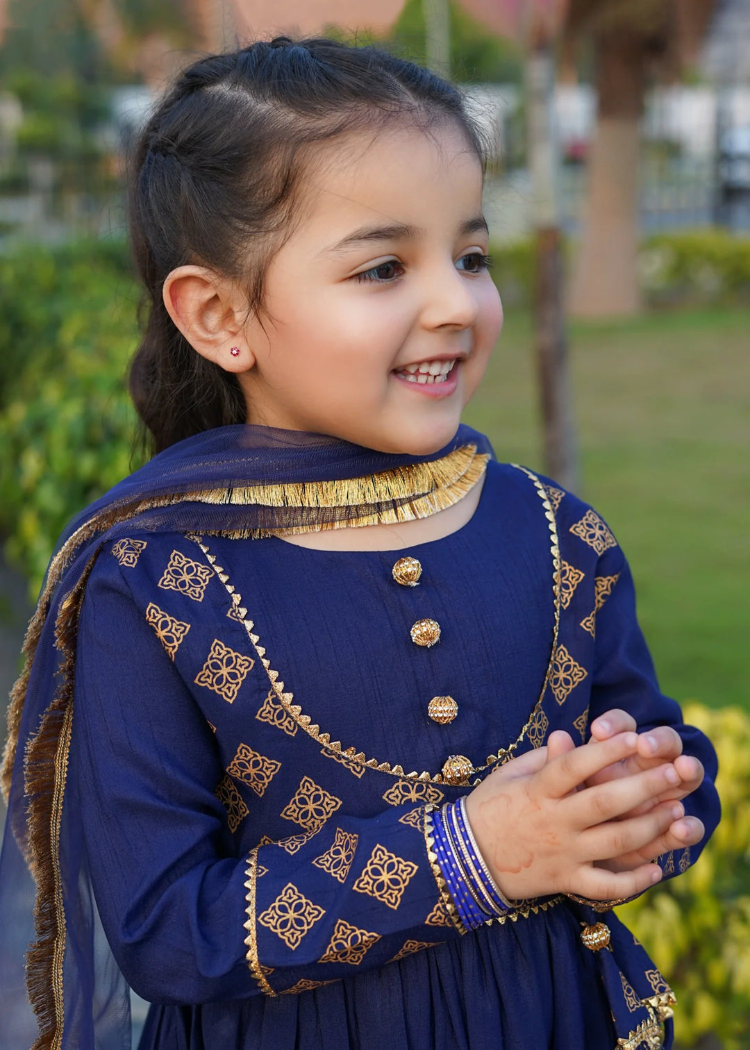 Modest 3 Piece Printed Rawsilk Frock Blue