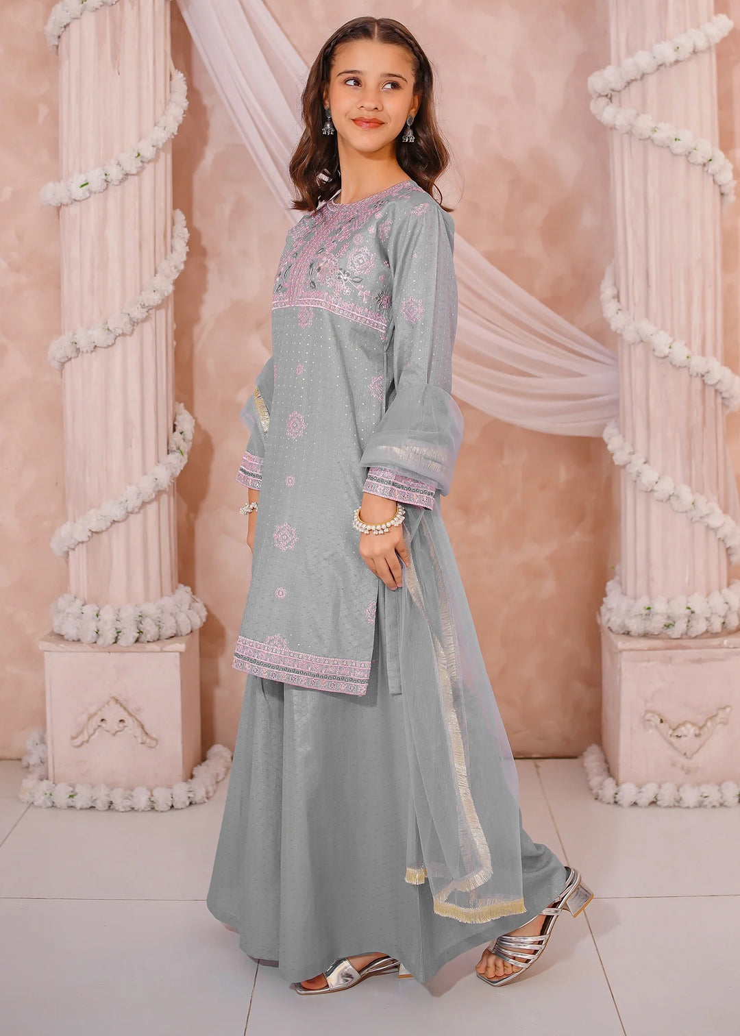 Modest - Cotton Lawn Embroidered Sharara For Girl - Grey - 3 Piece