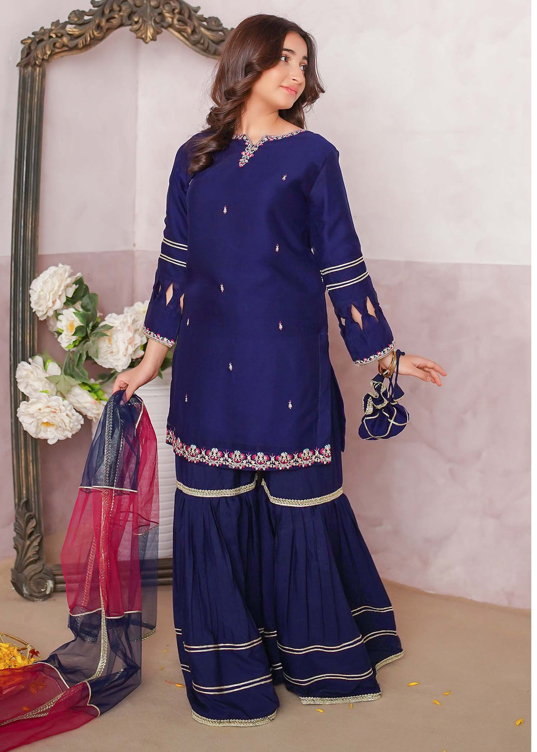 Modest - Chiffon Embroidered Gharara Suit For Girl - Blue - 3 Piece