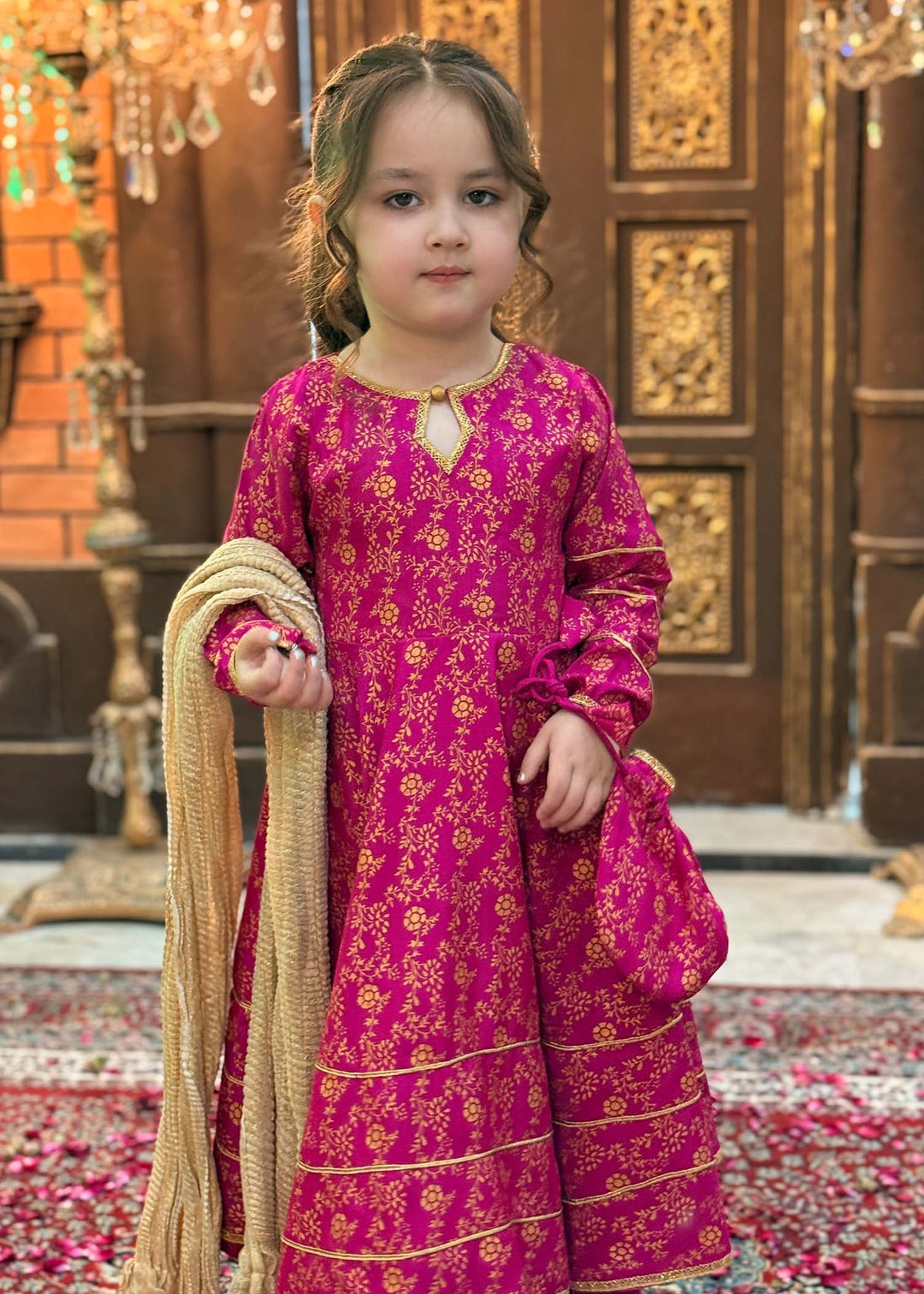 Modest - Rawsilk Printed Frock For Girl - Pink - 3 Piece