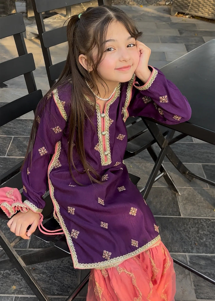 Modest - Rawsilk Embroidered Gharara For Girl - Purple - 3 Piece