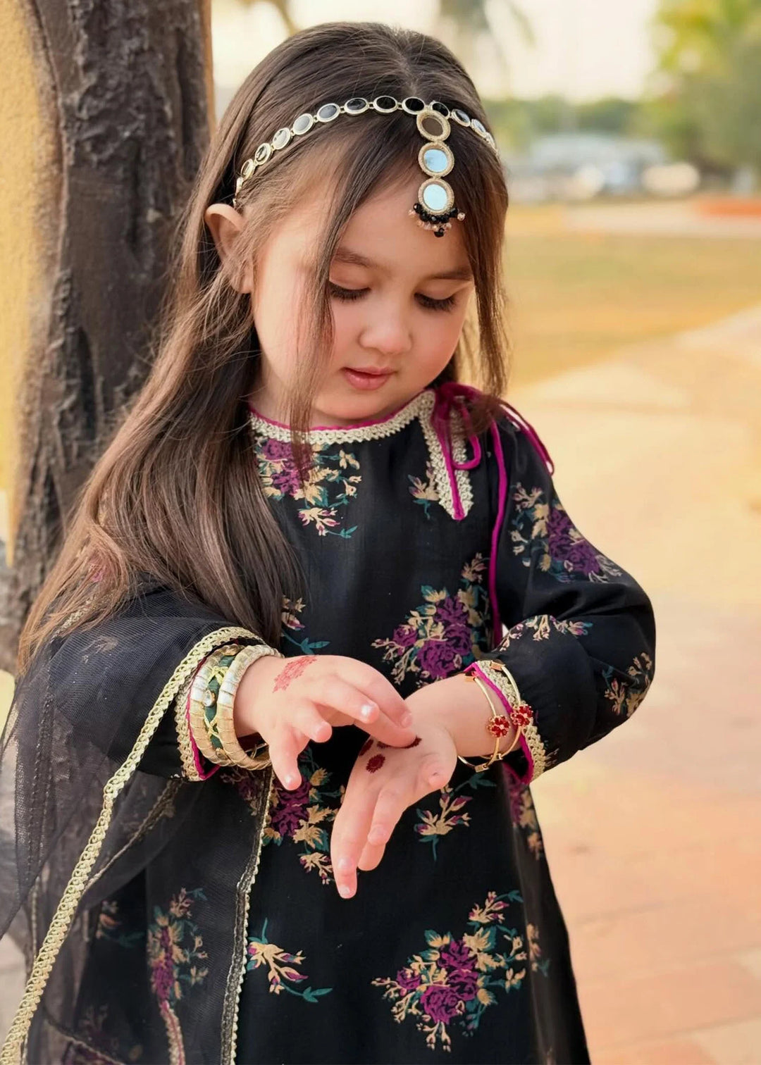 Modest - Printed Rawsilk Dress For Girl - Black - 3 Piece