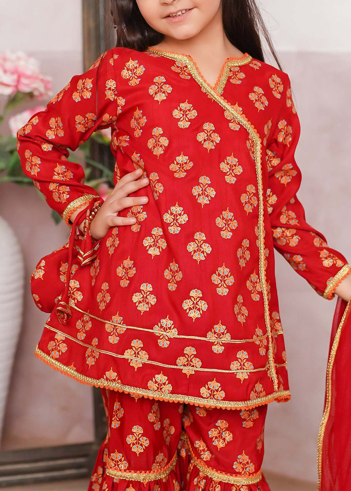 Modest - Rawsilk Printed Gharara Suit For Girl - Red - 3 Piece