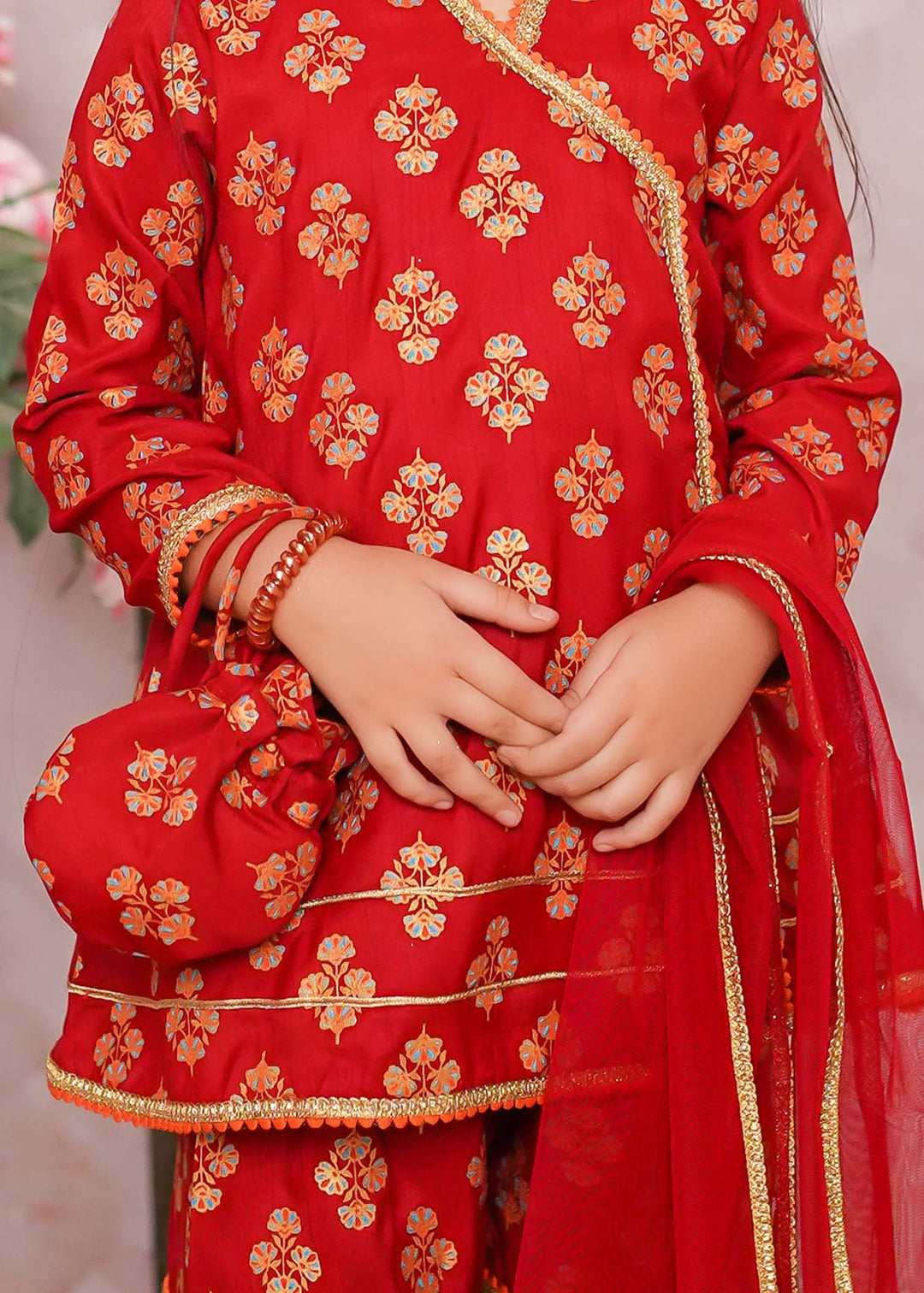 Modest - Rawsilk Printed Gharara Suit For Girl - Red - 3 Piece