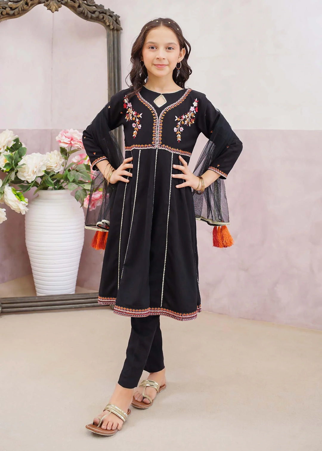 Modest - Cotton Embroidered Suit For Girl - Black - 3 Piece