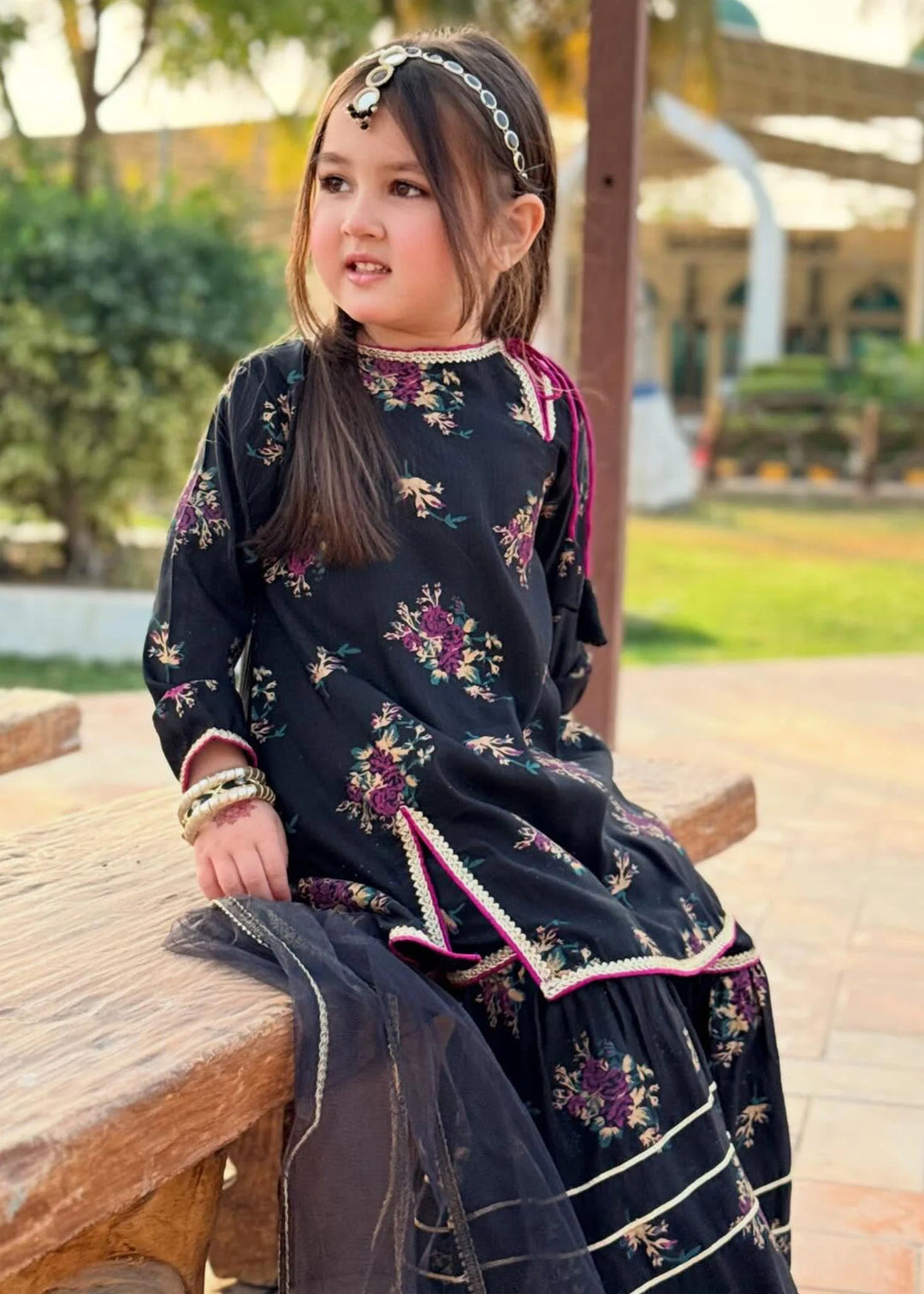 Modest - Printed Rawsilk Dress For Girl - Black - 3 Piece