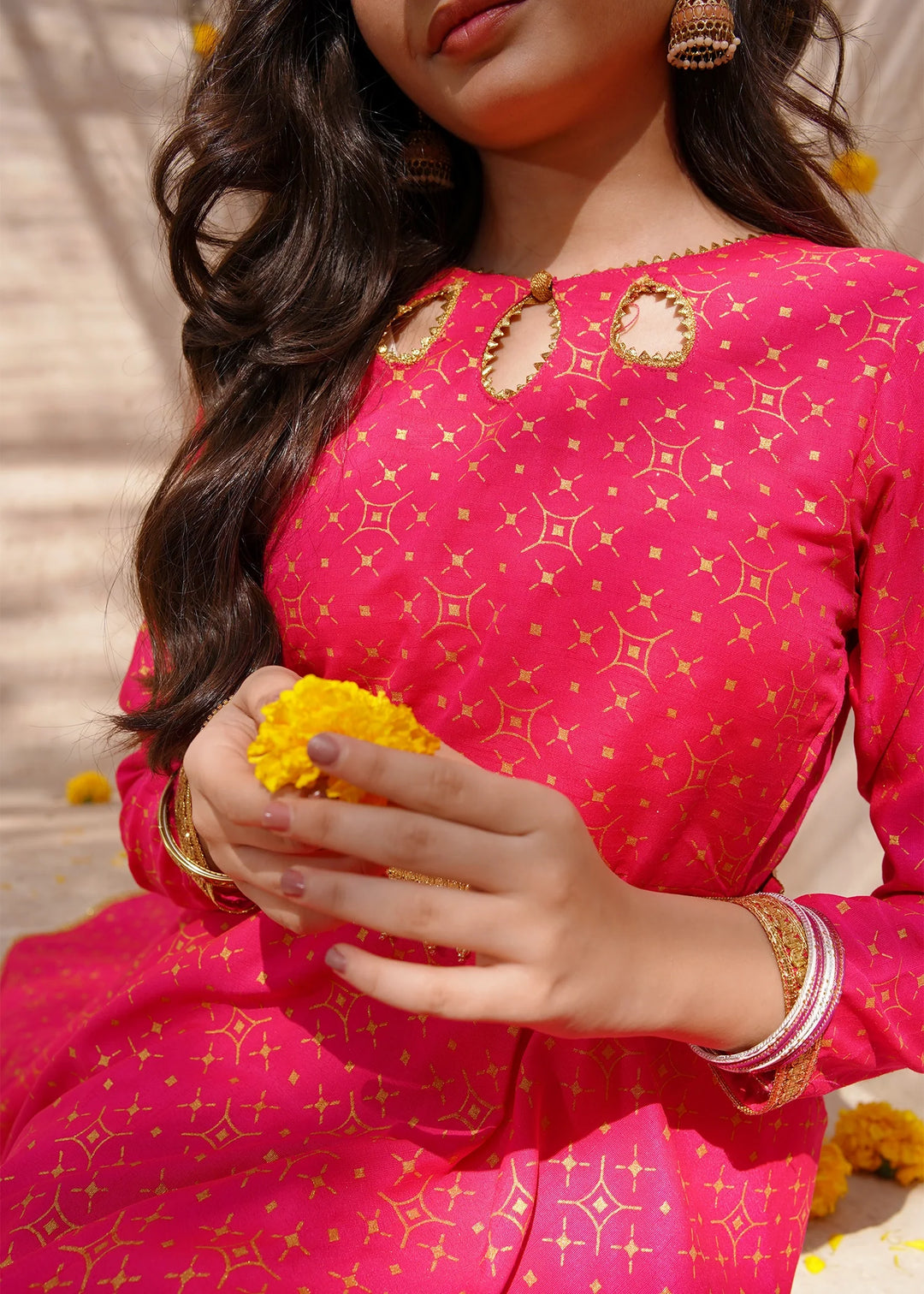 Modest - Pink Rawsilk Printed Frock For Girl - 3 Piece