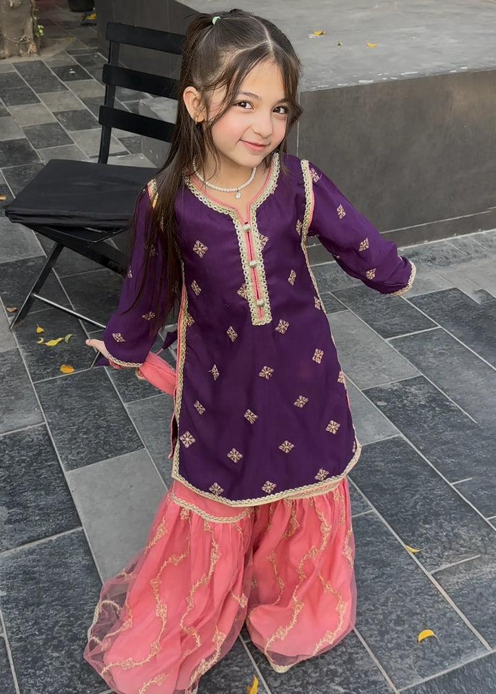 Modest - Rawsilk Embroidered Gharara For Girl - Purple - 3 Piece