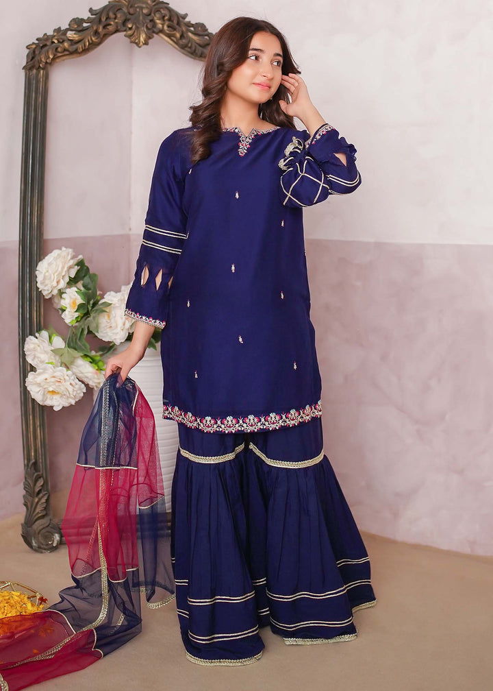 Modest - Chiffon Embroidered Gharara Suit For Girl - Blue - 3 Piece