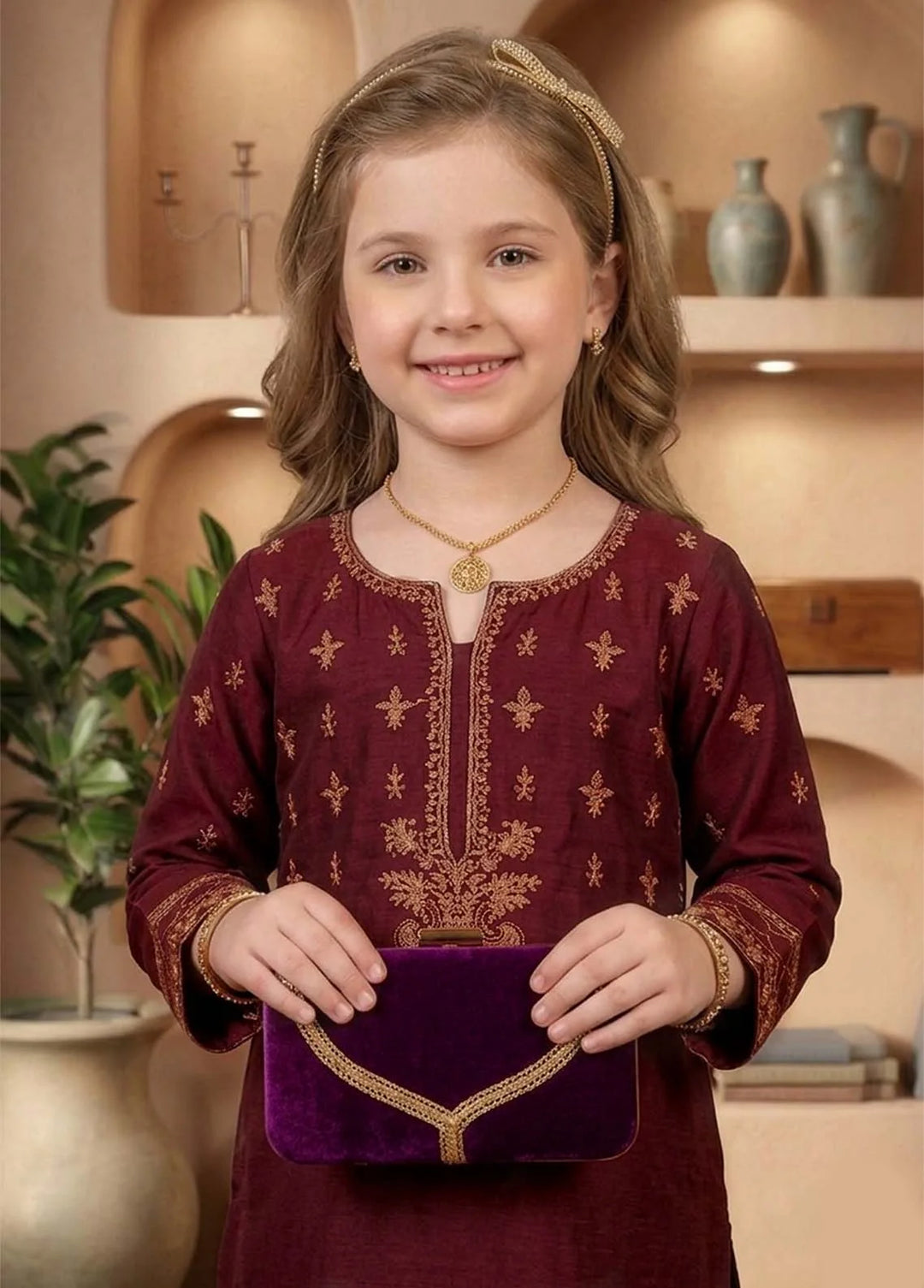 Modest - Viscose Embroidered Suit For Girl - Maroon - 3 Piece - Studio by TCS