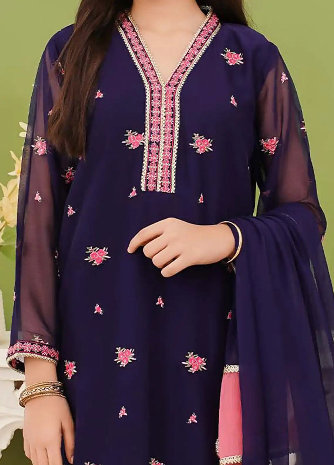 Modest - Chiffon Embroidered Suit For Girl - Blue - 3 Piece