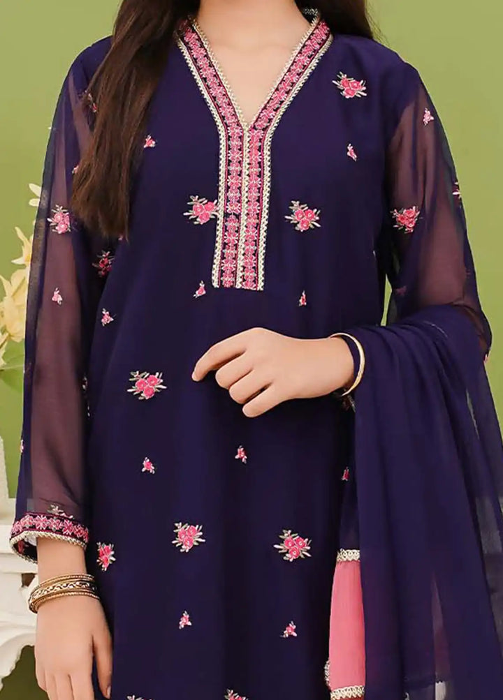 Modest - Chiffon Embroidered Suit For Girl - Blue - 3 Piece