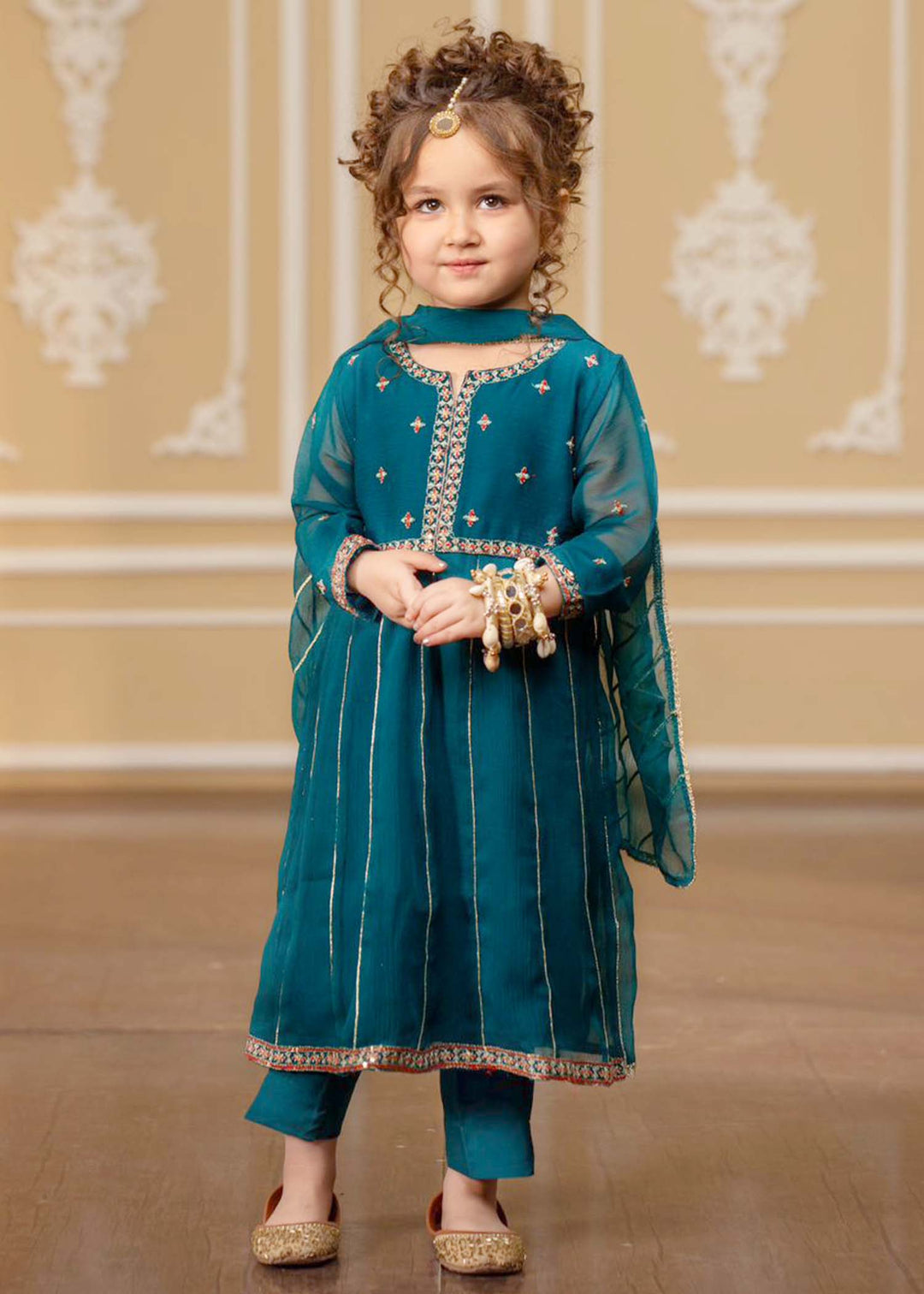 Modest - Embroidered Chiffon Suit For Girl - Teal Blue - 3 Piece