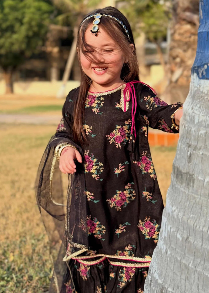 Modest - Printed Rawsilk Dress For Girl - Black - 3 Piece