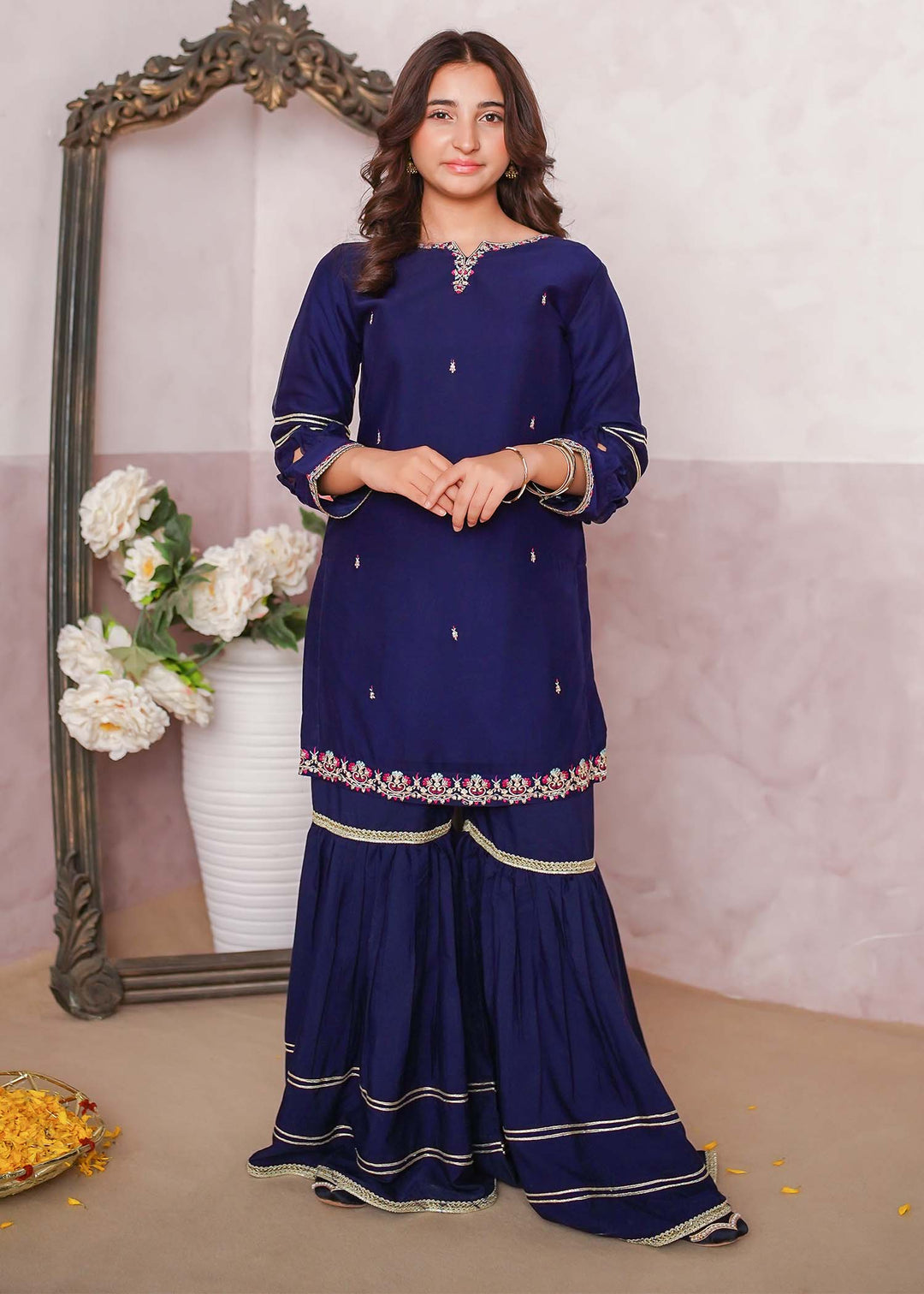 Modest - Chiffon Embroidered Gharara Suit For Girl - Blue - 3 Piece