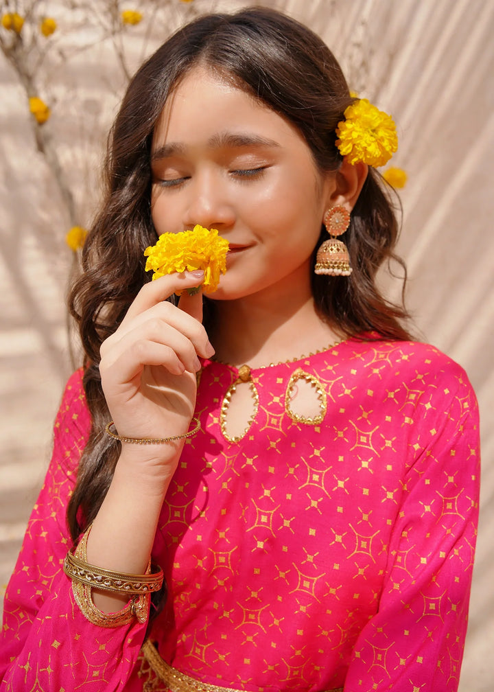 Modest - Pink Rawsilk Printed Frock For Girl - 3 Piece