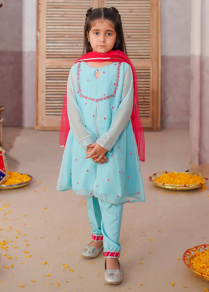 Modest - Embroidered Chiffon Suit For Girl - Sky Blue - 3 Piece