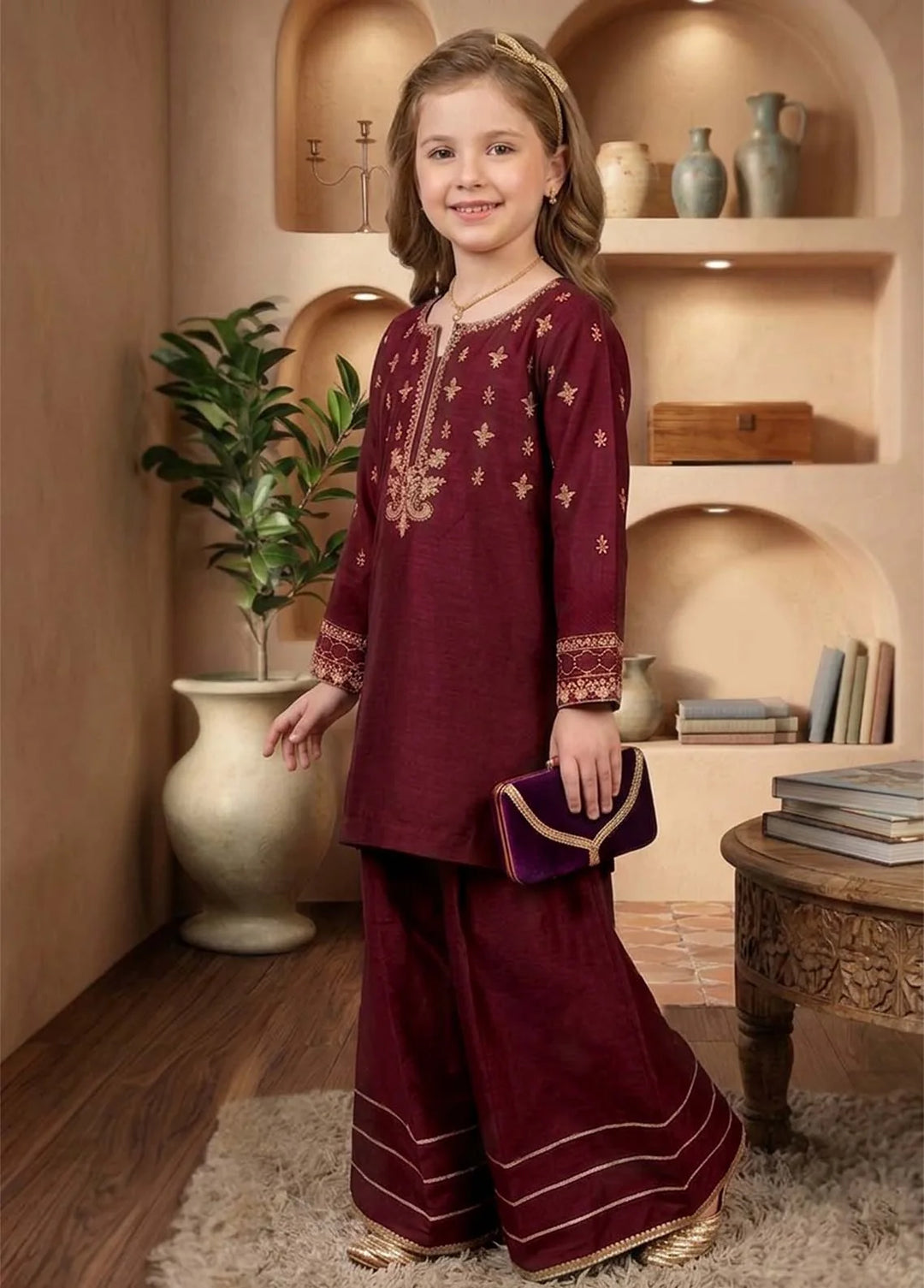Modest - Viscose Embroidered Suit For Girl - Maroon - 3 Piece - Studio by TCS