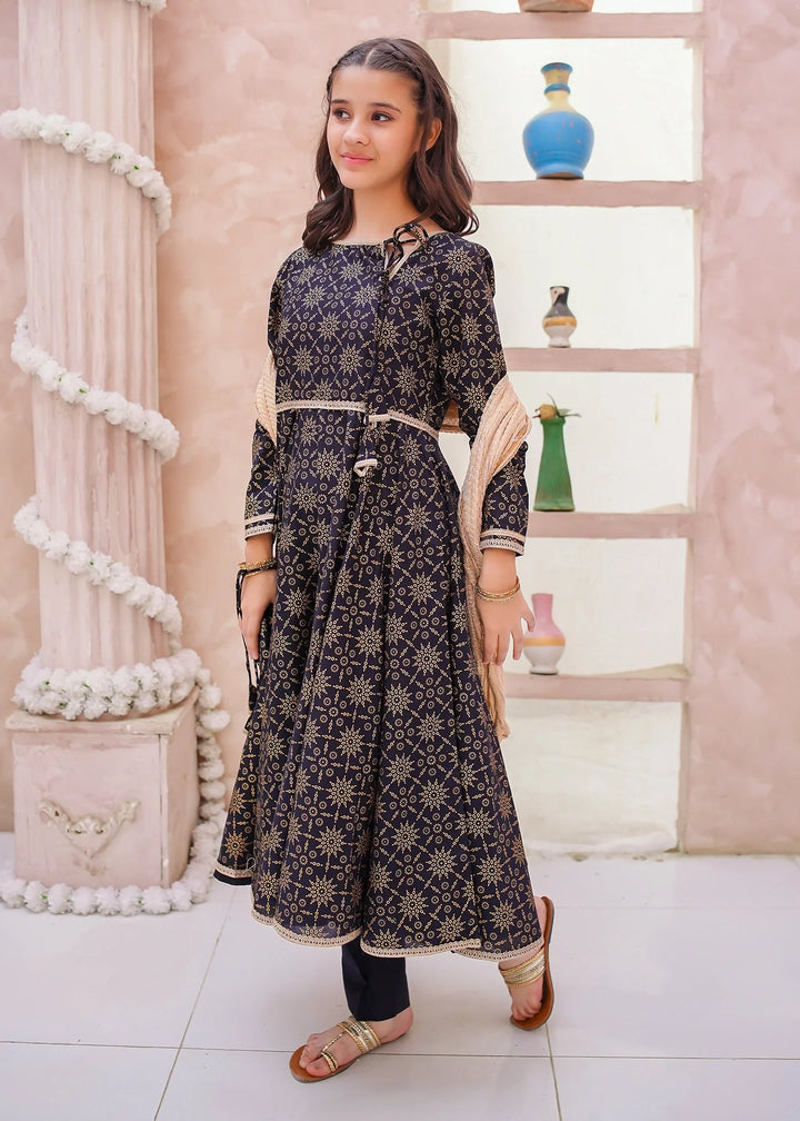 Modest - Cotton Printed Frock For Girl - Black - 3 Piece