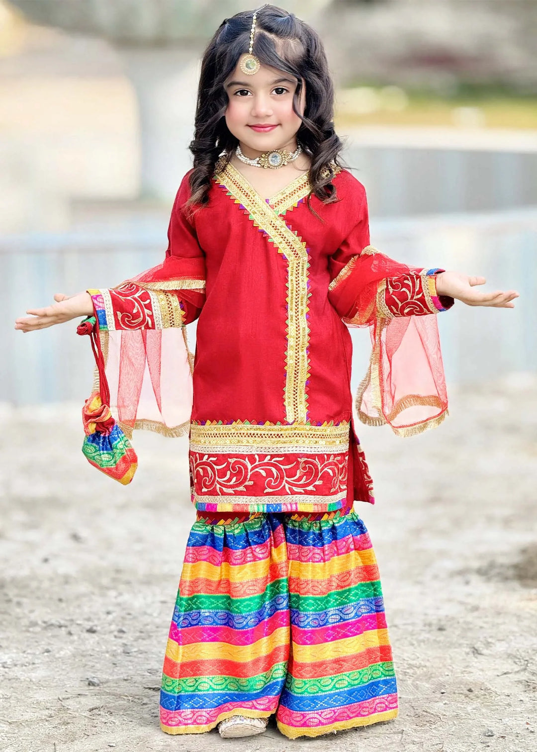 Modest - Raw Silk Wedding Dress For Girl - Red - 3 Piece