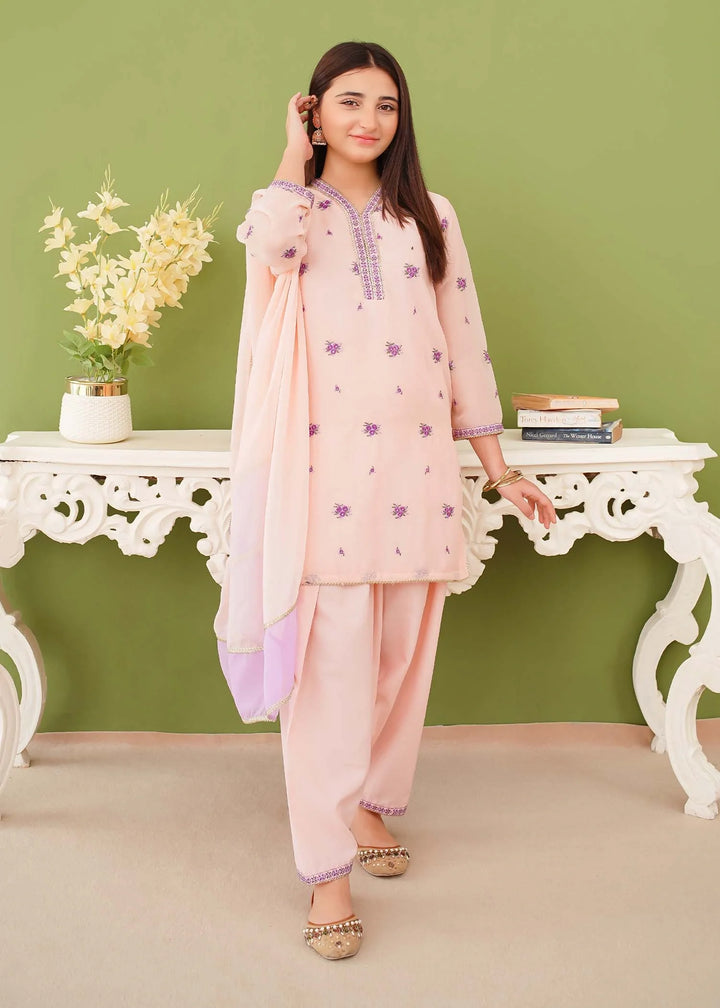 Modest - Chiffon Embroidered Suit For Girl - Peach - 3 Piece