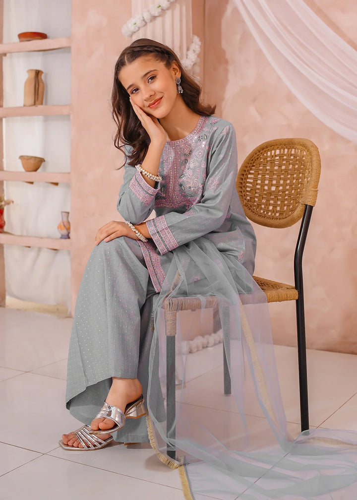 Modest - Cotton Lawn Embroidered Sharara For Girl - Grey - 3 Piece