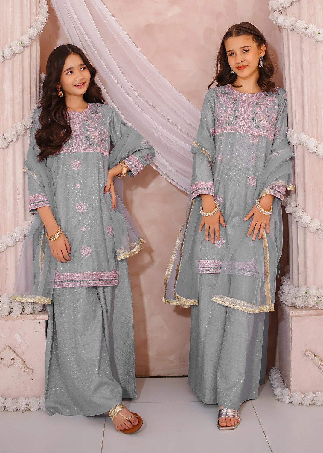 Modest - Cotton Lawn Embroidered Sharara For Girl - Grey - 3 Piece