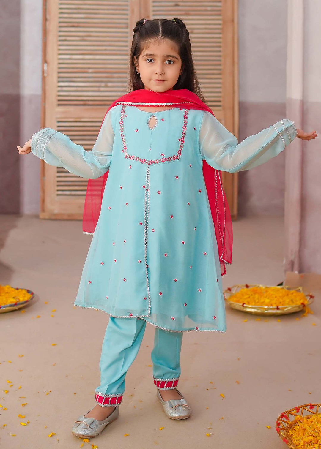 Modest - Embroidered Chiffon Suit For Girl - Sky Blue - 3 Piece