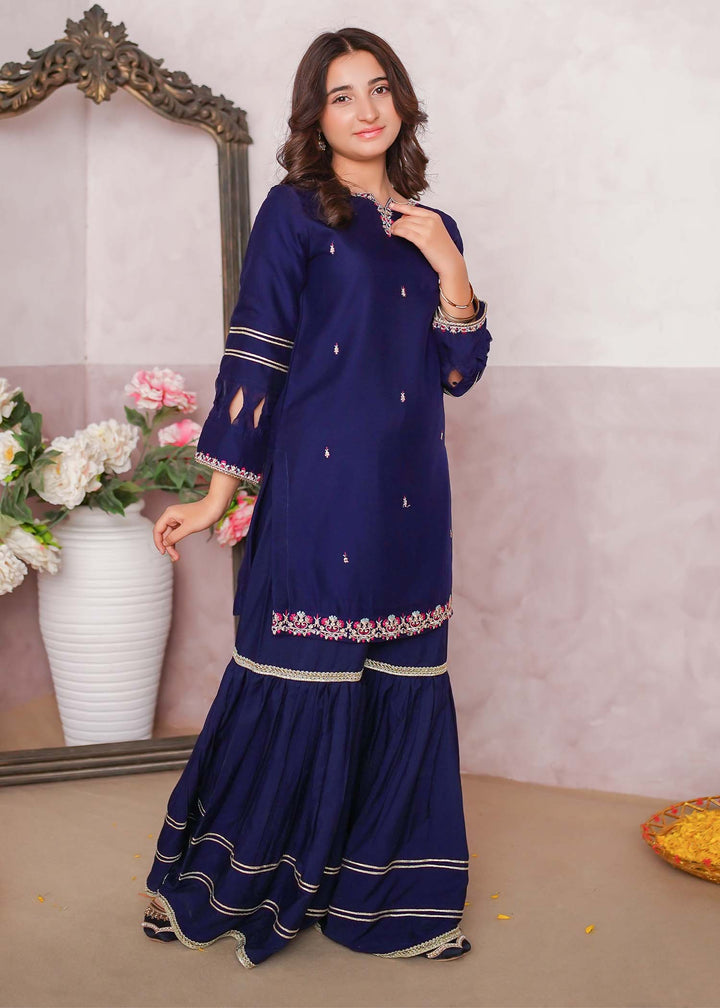 Modest - Chiffon Embroidered Gharara Suit For Girl - Blue - 3 Piece