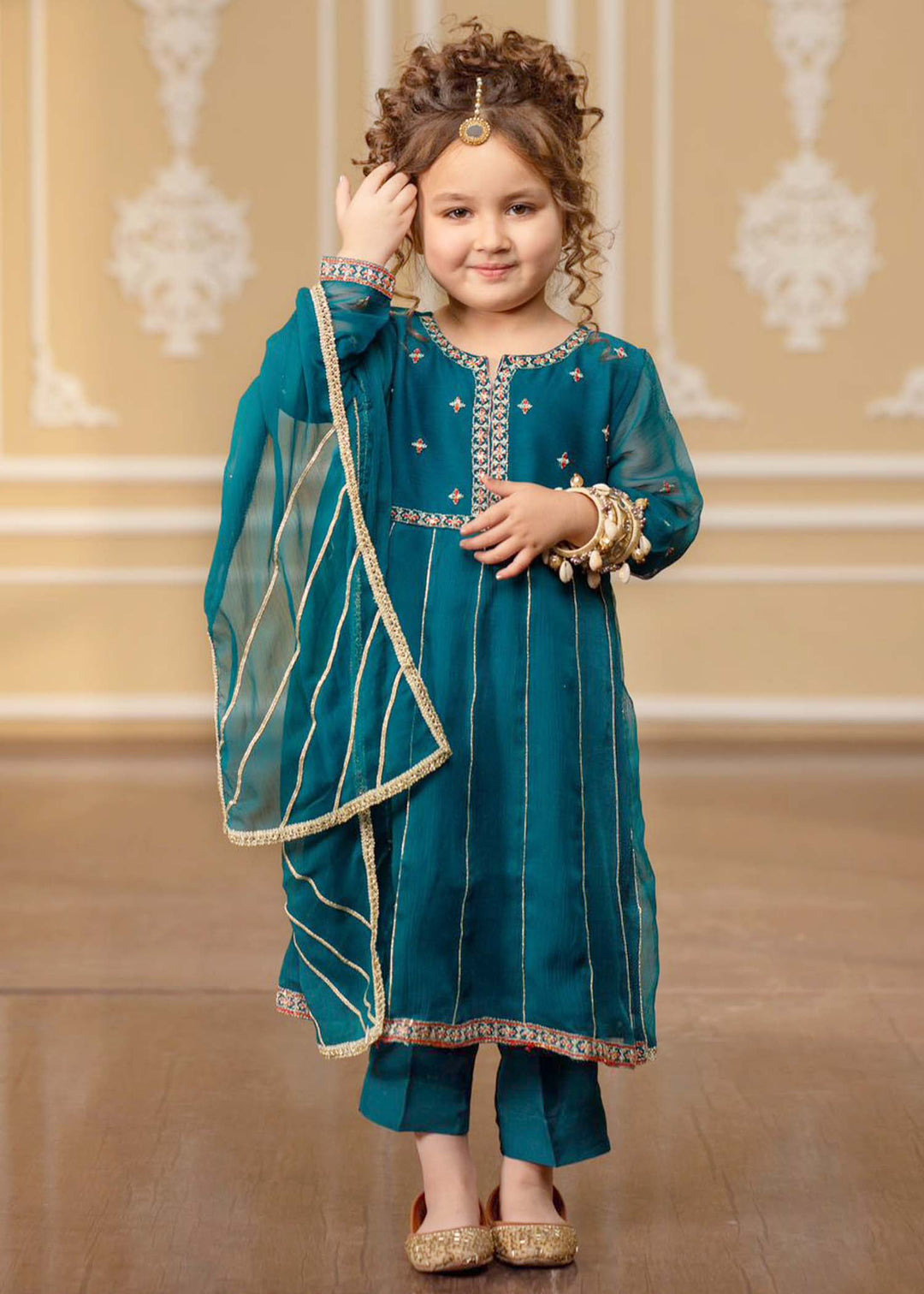 Modest - Embroidered Chiffon Suit For Girl - Teal Blue - 3 Piece