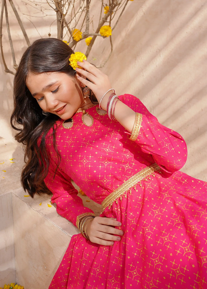 Modest - Pink Rawsilk Printed Frock For Girl - 3 Piece