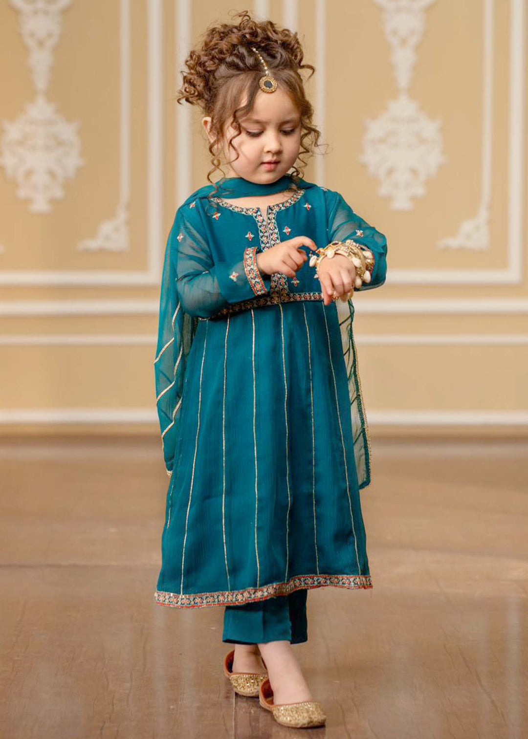 Modest - Embroidered Chiffon Suit For Girl - Teal Blue - 3 Piece