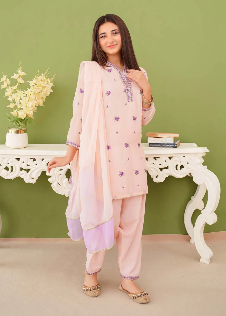 Modest - Chiffon Embroidered Suit For Girl - Peach - 3 Piece