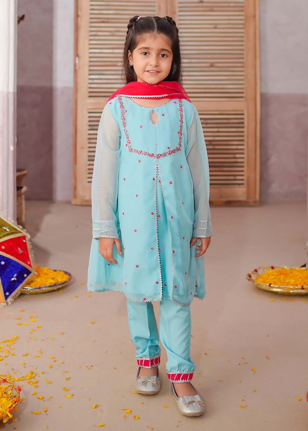 Modest - Embroidered Chiffon Suit For Girl - Sky Blue - 3 Piece