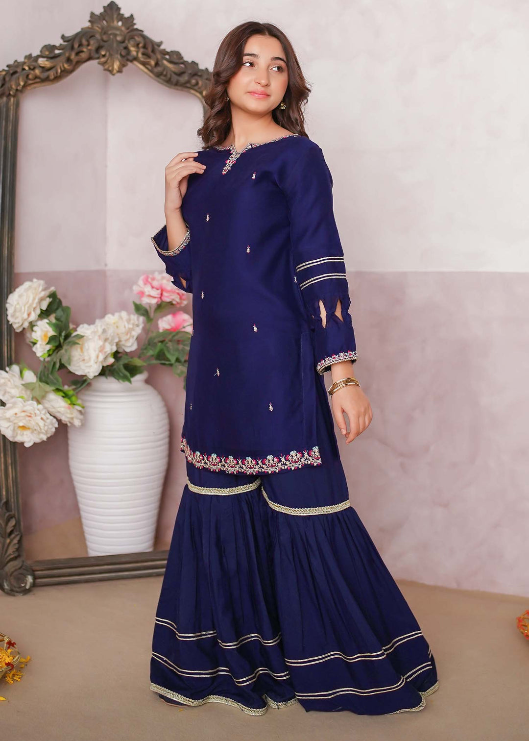 Modest - Chiffon Embroidered Gharara Suit For Girl - Blue - 3 Piece