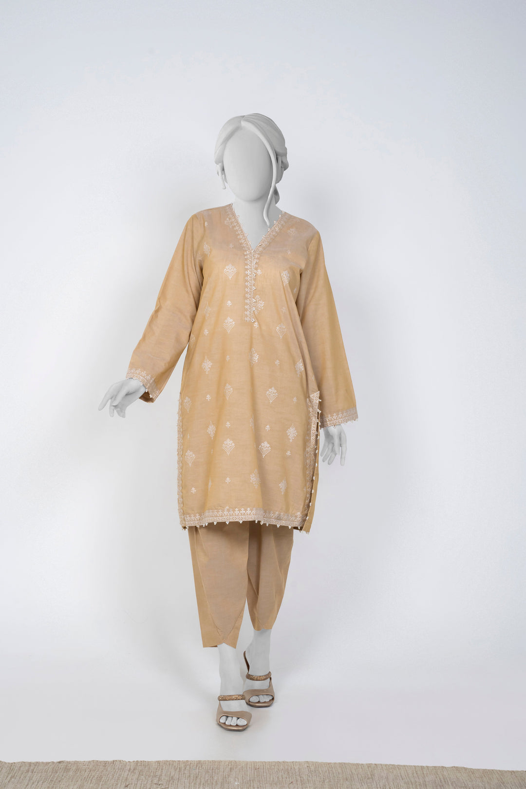 Ayla Studio - Chambray Embroidered Suit For Women - Beige - 2 Piece