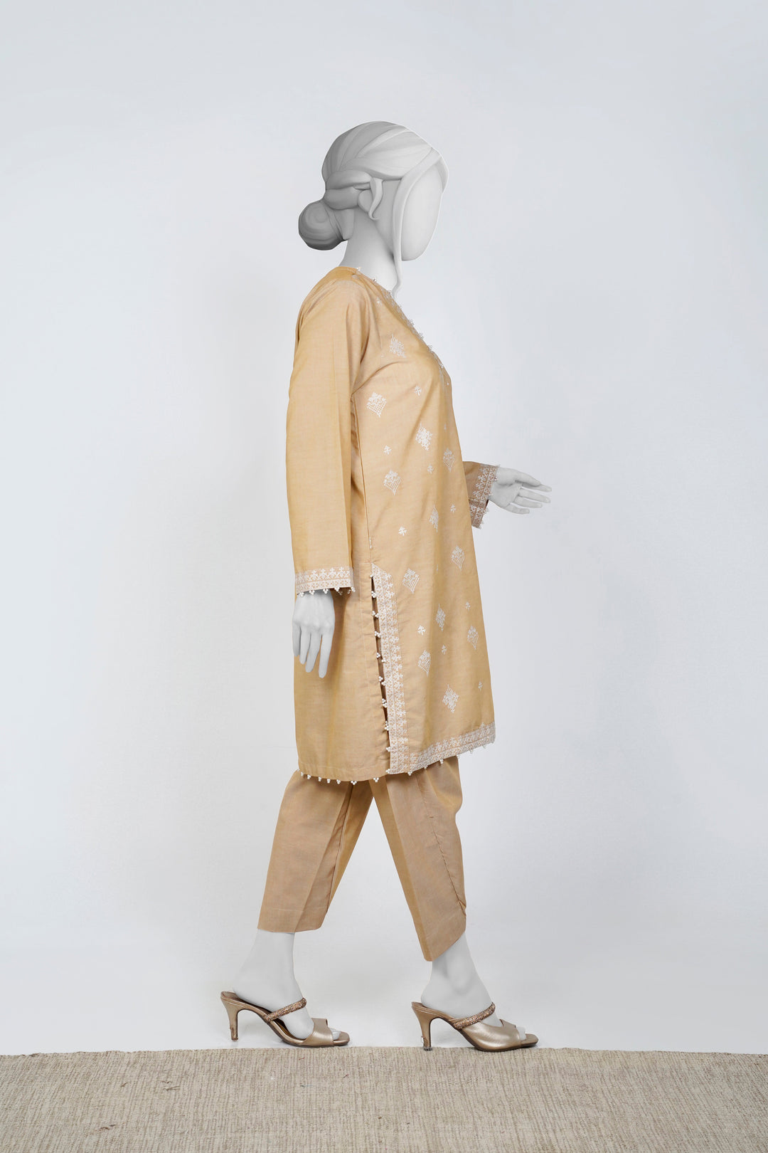 Ayla Studio - Chambray Embroidered Suit For Women - Beige - 2 Piece