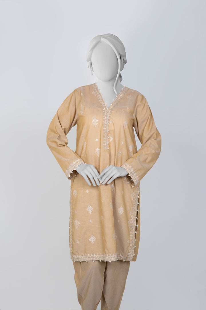 Ayla Studio - Chambray Embroidered Suit For Women - Beige - 2 Piece