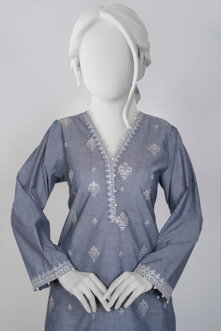 Ayla Studio - Chambray Embroidered Suit For Women - Charcoal - 2 Piece