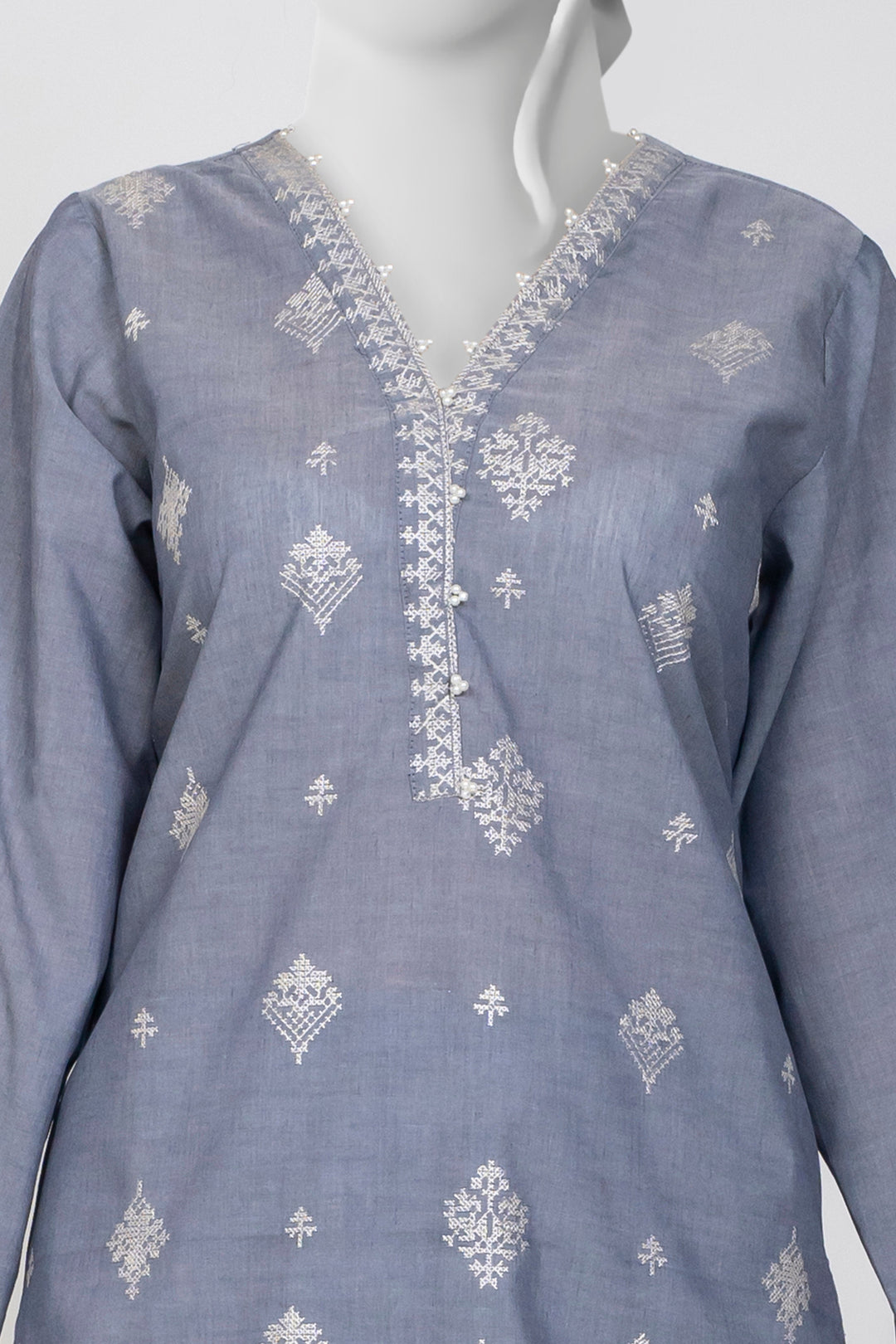 Ayla Studio - Chambray Embroidered Suit For Women - Charcoal - 2 Piece