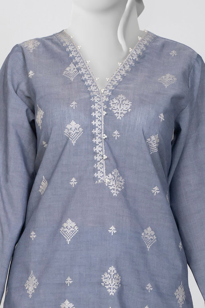 Ayla Studio - Chambray Embroidered Suit For Women - Charcoal - 2 Piece