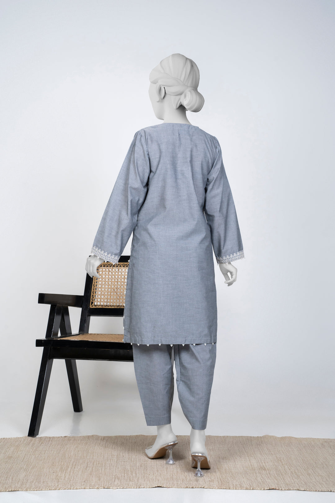 Ayla Studio - Chambray Embroidered Suit For Women - Charcoal - 2 Piece
