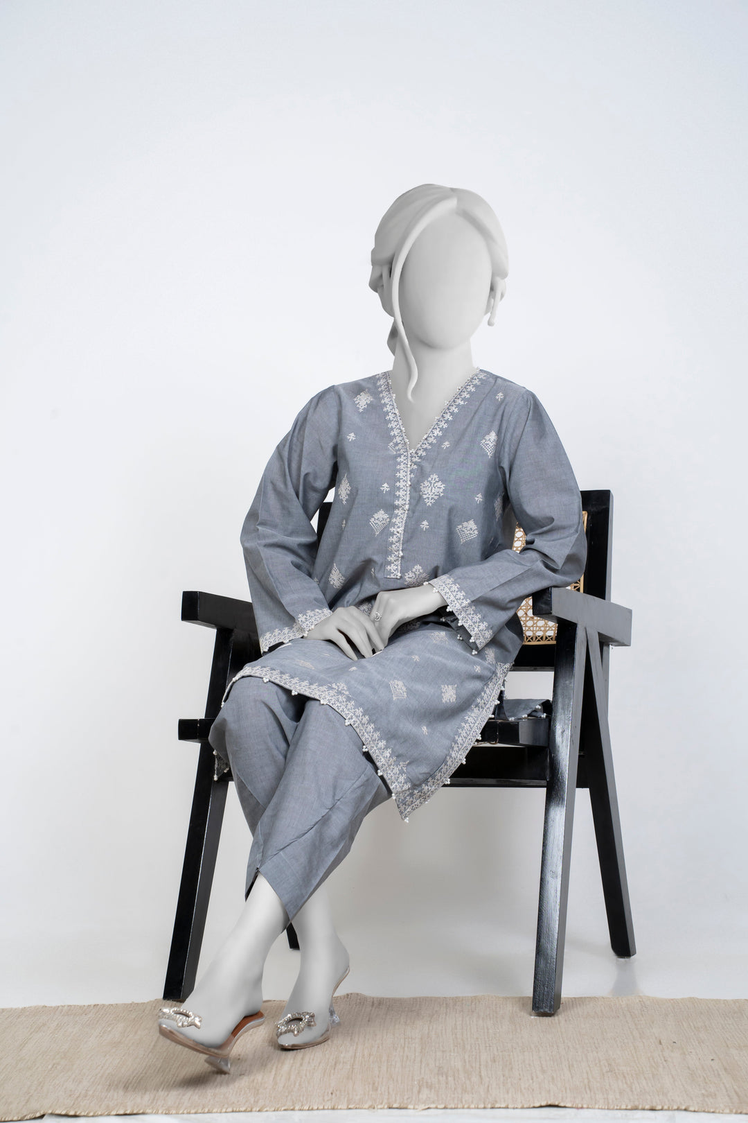 Ayla Studio - Chambray Embroidered Suit For Women - Charcoal - 2 Piece