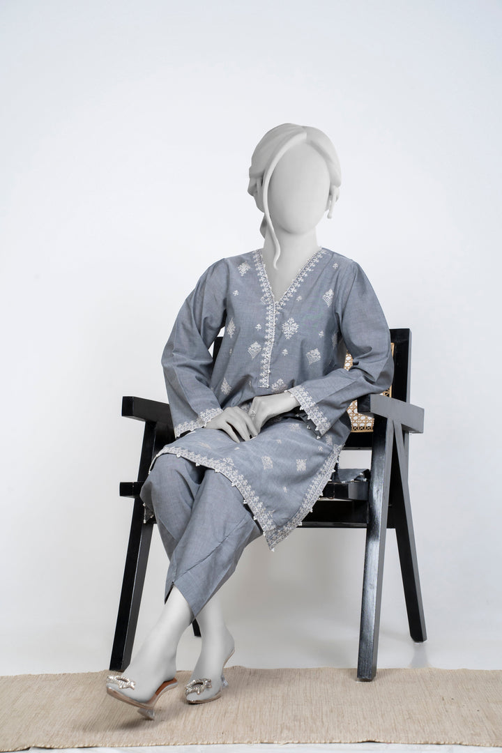 Ayla Studio - Chambray Embroidered Suit For Women - Charcoal - 2 Piece