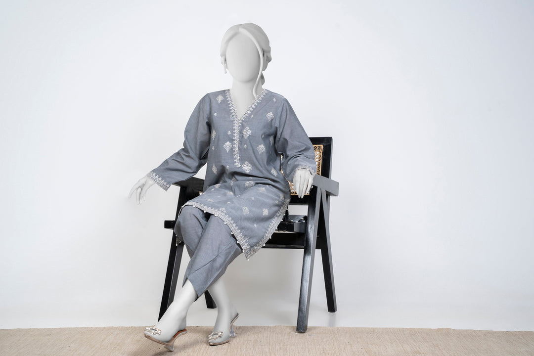 Ayla Studio - Chambray Embroidered Suit For Women - Charcoal - 2 Piece