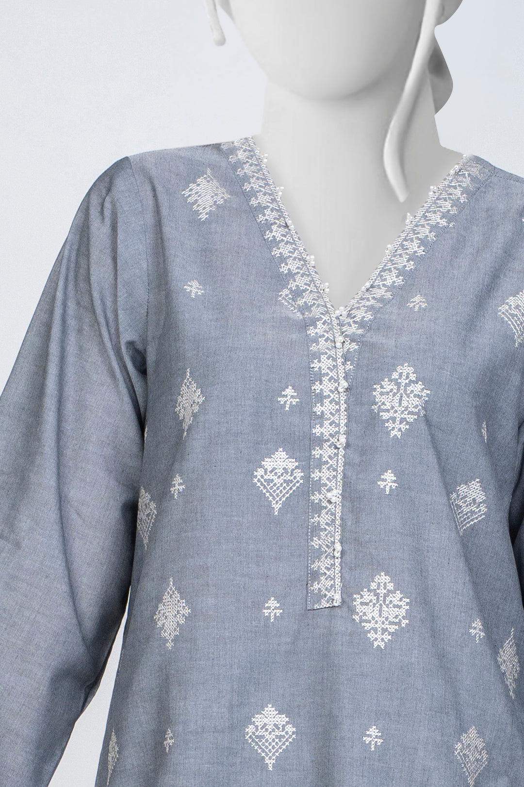 Ayla Studio - Chambray Embroidered Suit For Women - Charcoal - 2 Piece