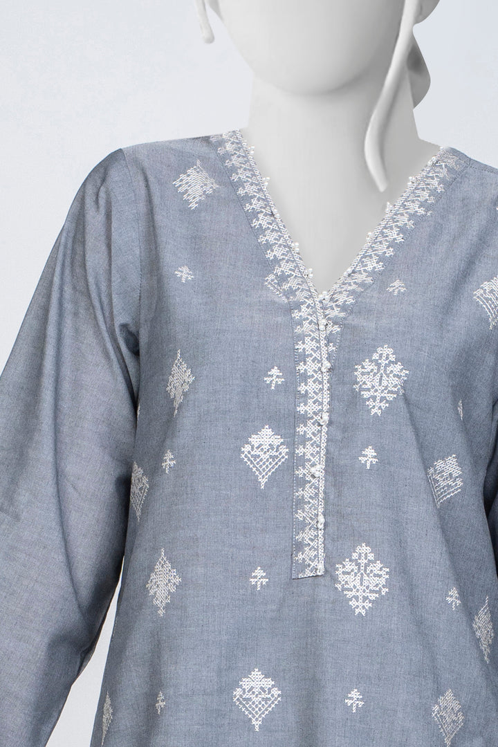 Ayla Studio - Chambray Embroidered Suit For Women - Charcoal - 2 Piece